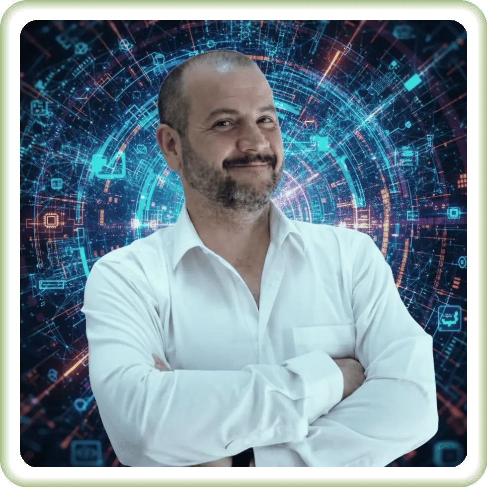 Juanan Sánchez ante una composición visual tecnológica